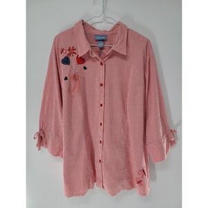 Liz & Me Heart Embroidered Women Shirt Size 2X 22 24 Buttons Butterfly Applique